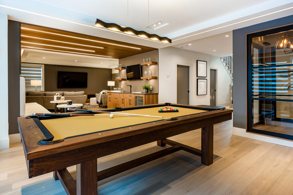 Elegant and luxurious interior photographs of a large kitchen living room recreation room and dining room
